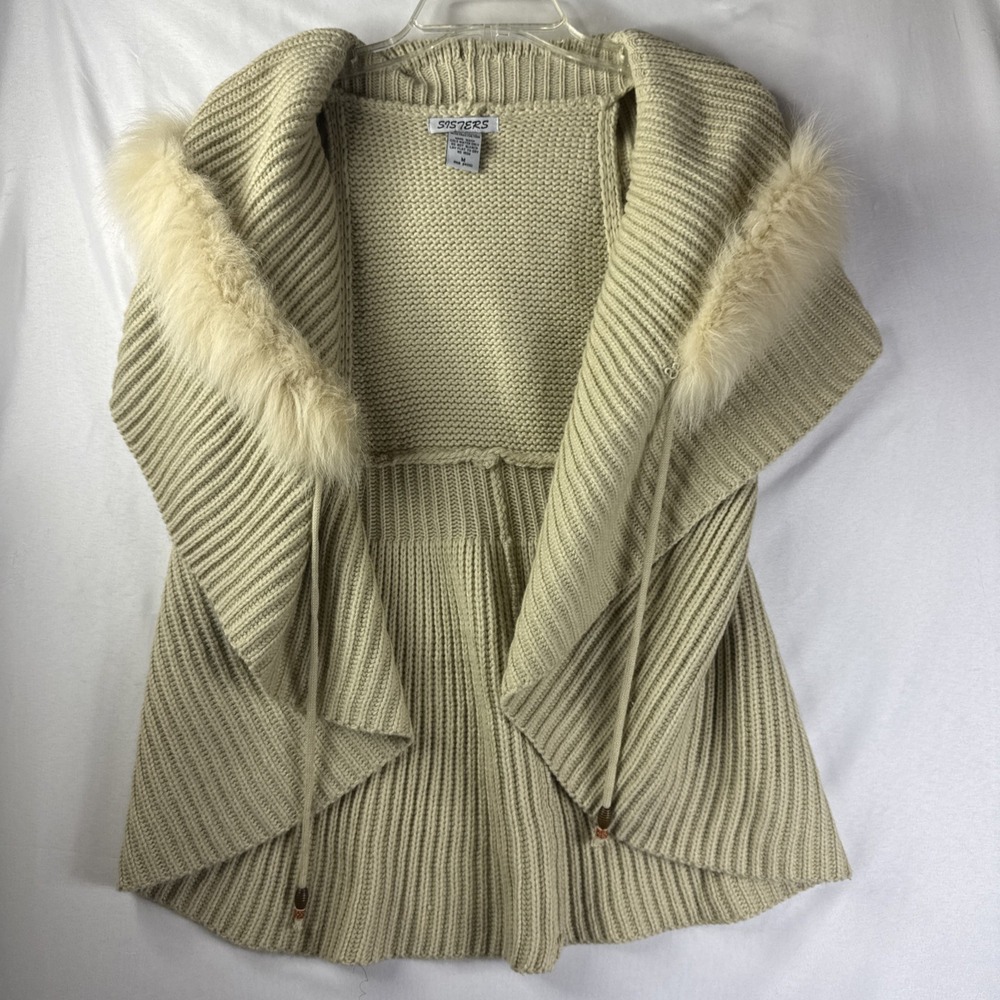 Women's Sisters Cowl Neck Knit Cardigan Faux Fur Trim Beige Size M